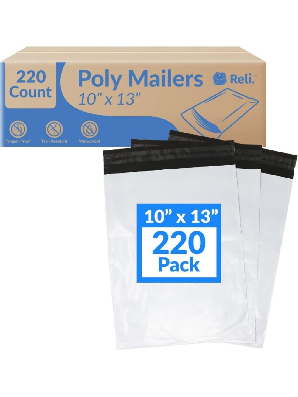 Durable 10x13" Poly Mailers | 220 Count | Tear-Resistant, Self-Sealing, White
